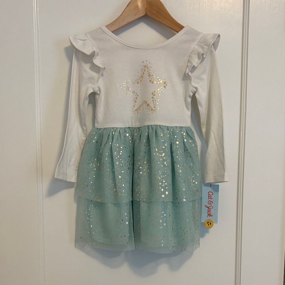 Cat & Jack White and Teal Dress with Gold Star